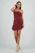 Vestido Corto Strapless Fruncido con Estampado Floral