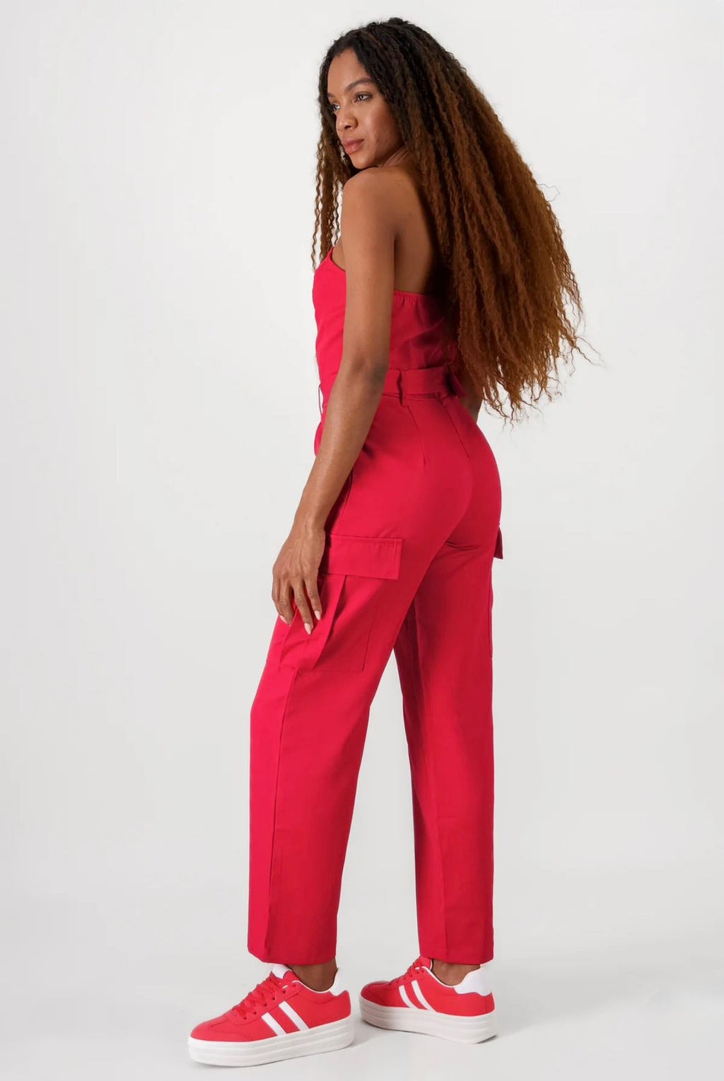 Jumpsuit Strapless Cargo Rojo Para Dama Con Cinturón