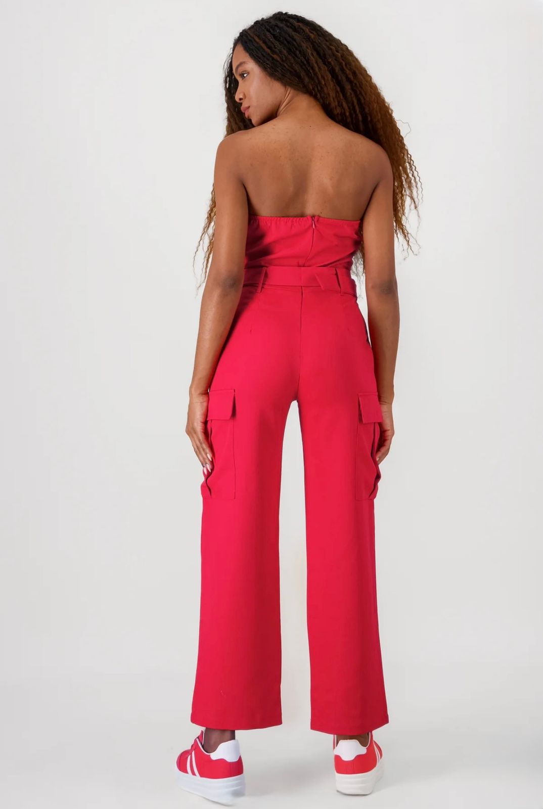 Jumpsuit Strapless Cargo Rojo Para Dama Con Cinturón