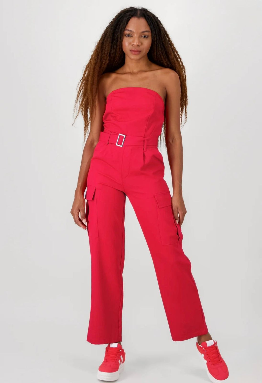 Jumpsuit Strapless Cargo Rojo Para Dama Con Cinturón