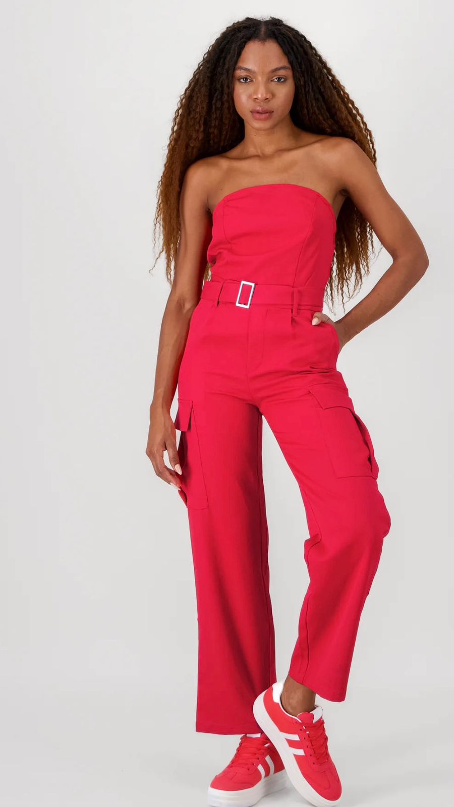 Jumpsuit Strapless Cargo Rojo Para Dama Con Cinturón