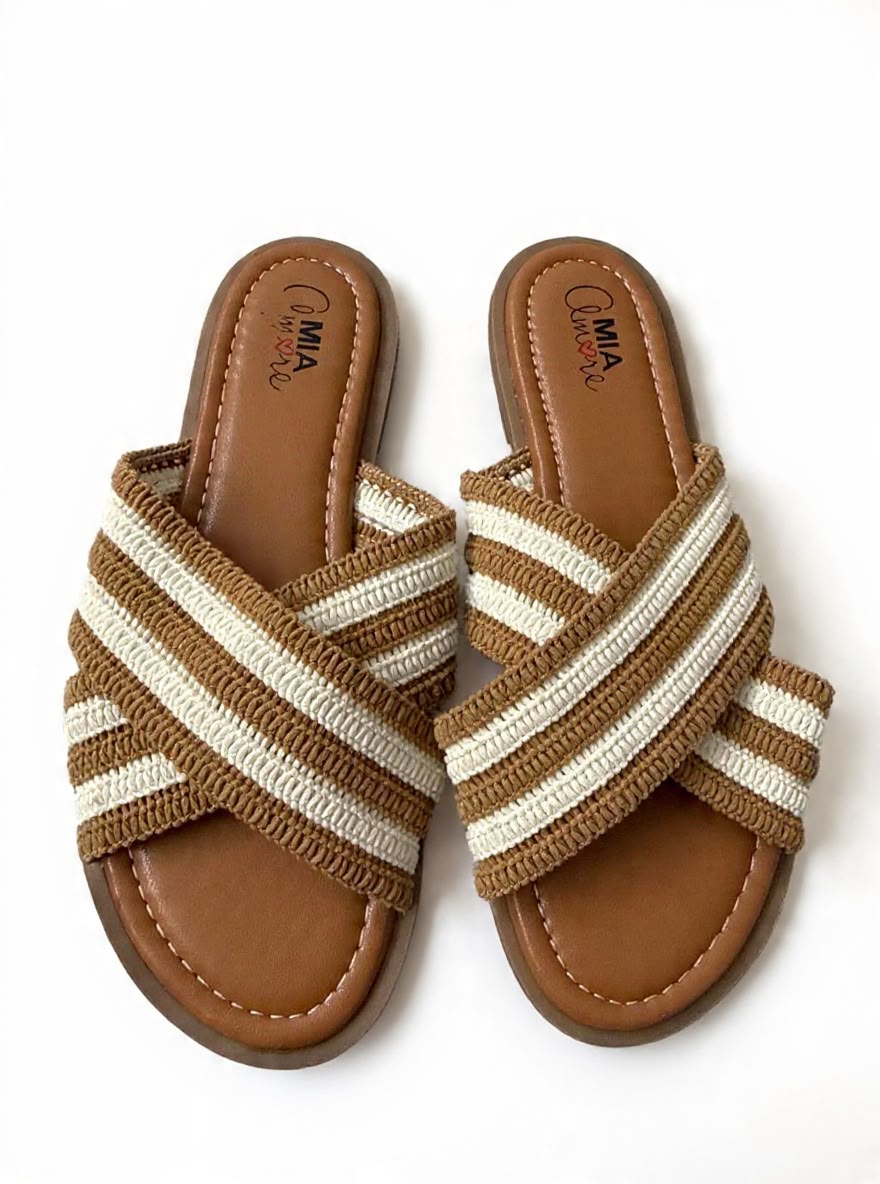 Sandalia Slide MIA Amore de Tiras Cruzadas Tejidas Café/Blanco para Mujer